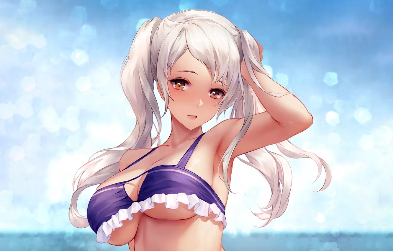 Photo wallpaper girl, sexy, cleavage, beach, long hair, brown eyes, boobs, anime