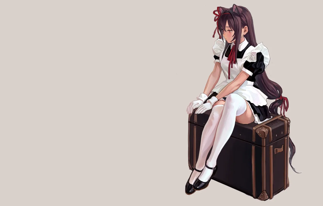 Photo wallpaper sitting, maid, anime girls, simple background, Nekomimi, cat ears, White stockings, FKEY