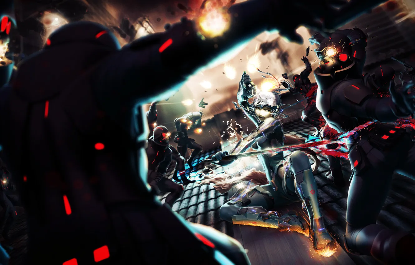 Photo wallpaper girl, gun, weapons, robot, sword, battle, art, elpinoy