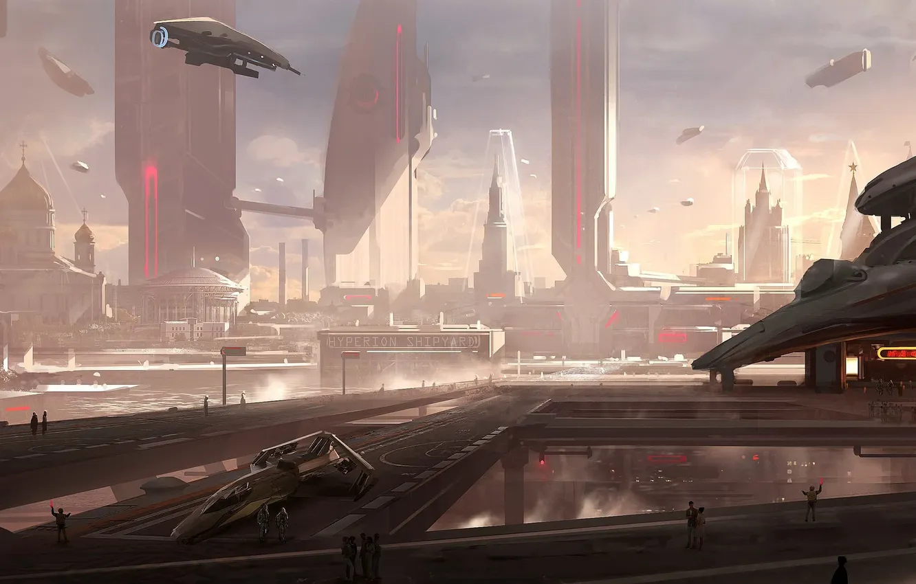 Photo wallpaper the city, future, transport, ship, art, Bank, megapolis