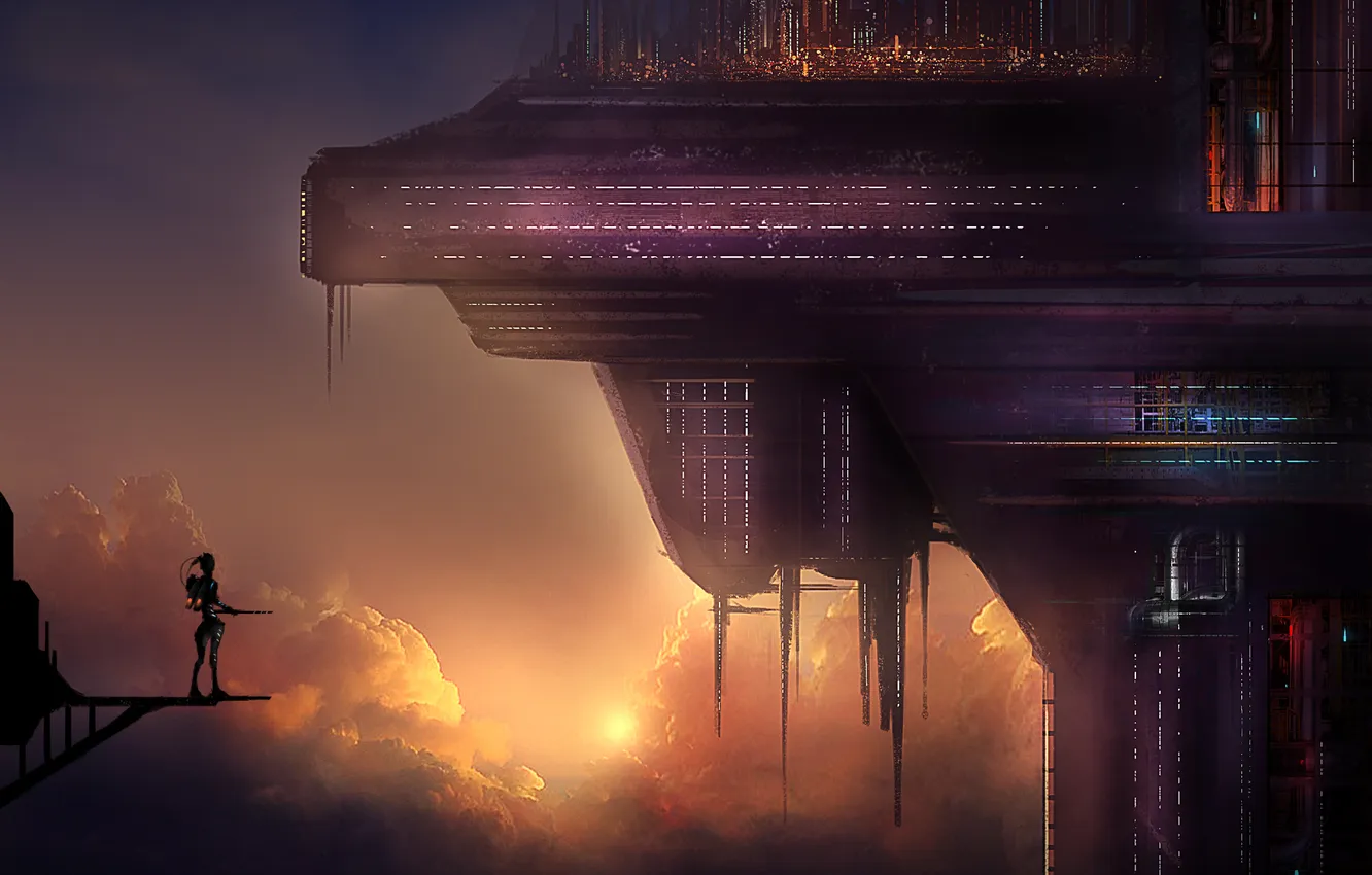 Photo wallpaper the sky, clouds, sunset, the city, lights, future, robot, height