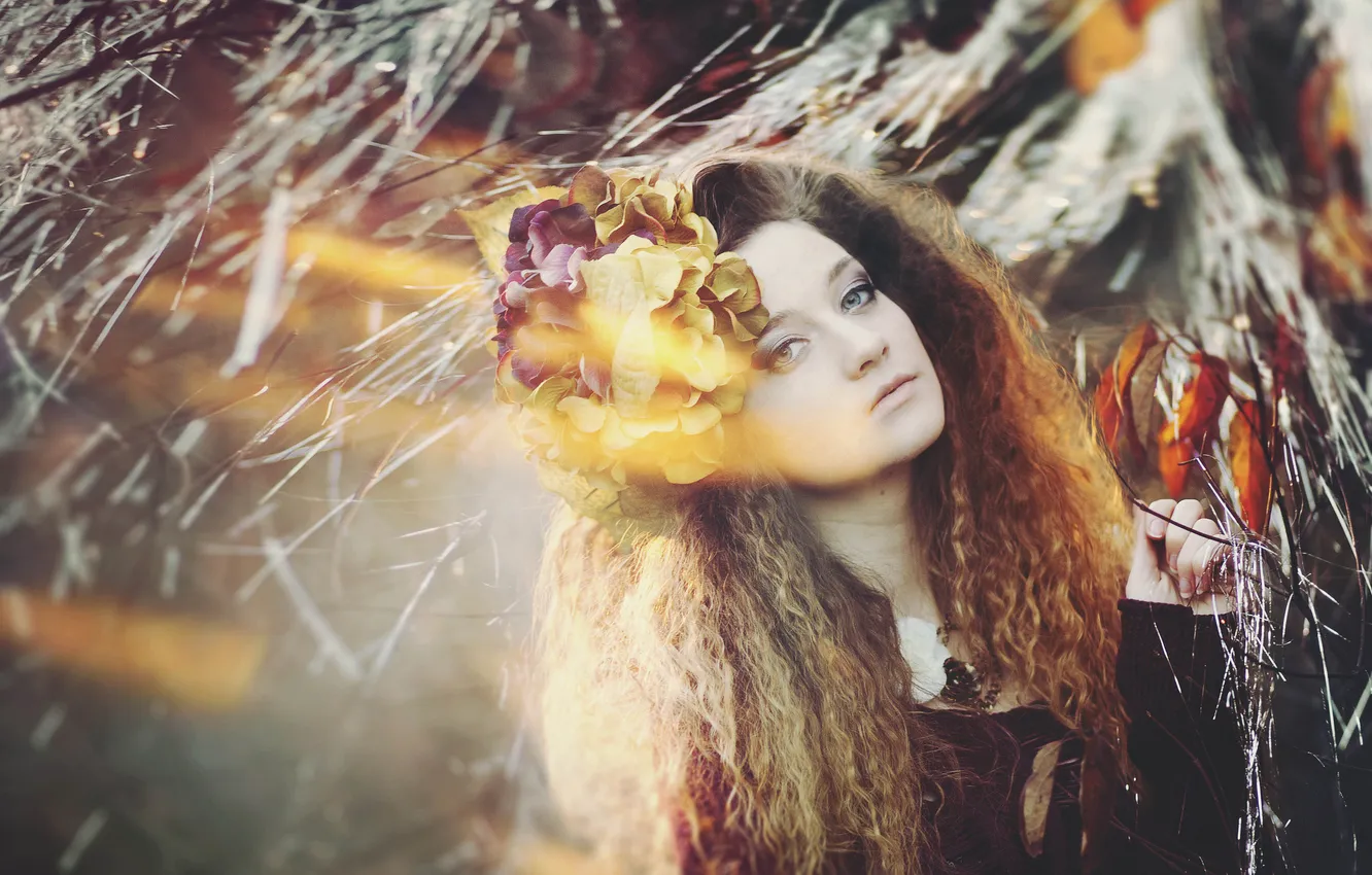 Photo wallpaper girl, flowers, curls, curls