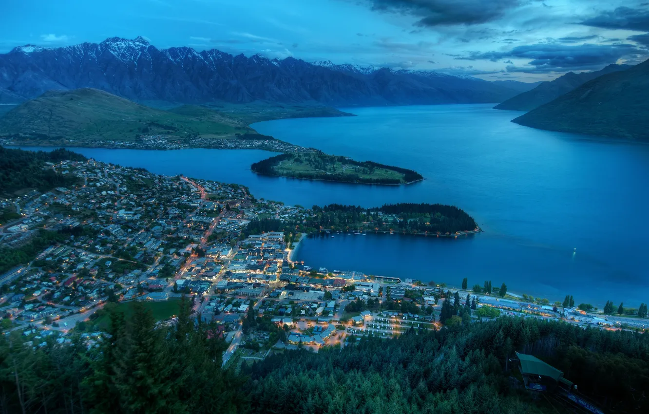 Photo wallpaper mountains, the city, lights, lake, hills, the evening, new Zealand, queenstown