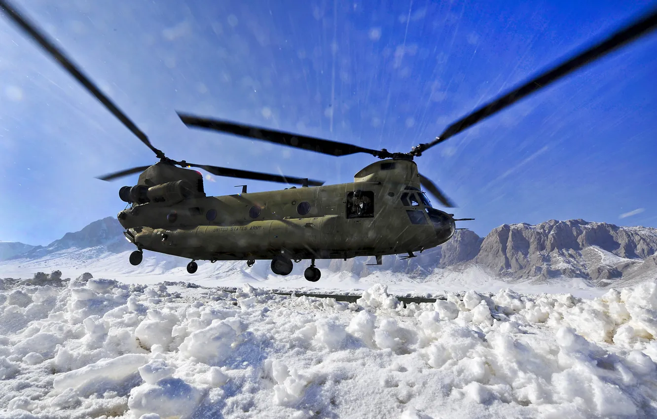 Photo wallpaper snow, mountains, helicopter, American, transport, heavy, Chinook, CH-47