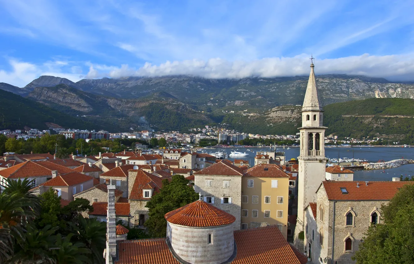 Photo wallpaper the sky, clouds, mountains, building, Montenegro, Budva, Budva