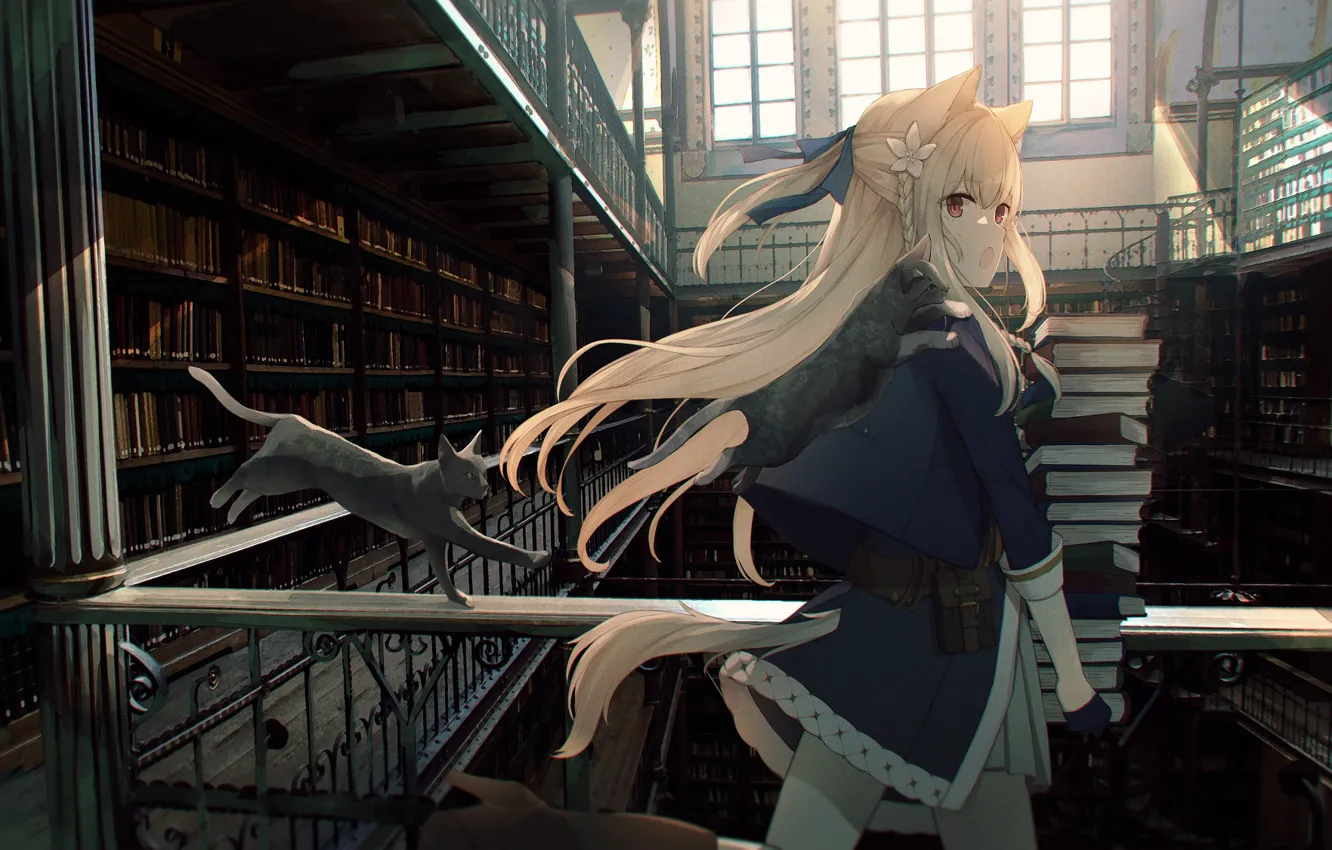 Photo wallpaper cat, cat, girl, book, library