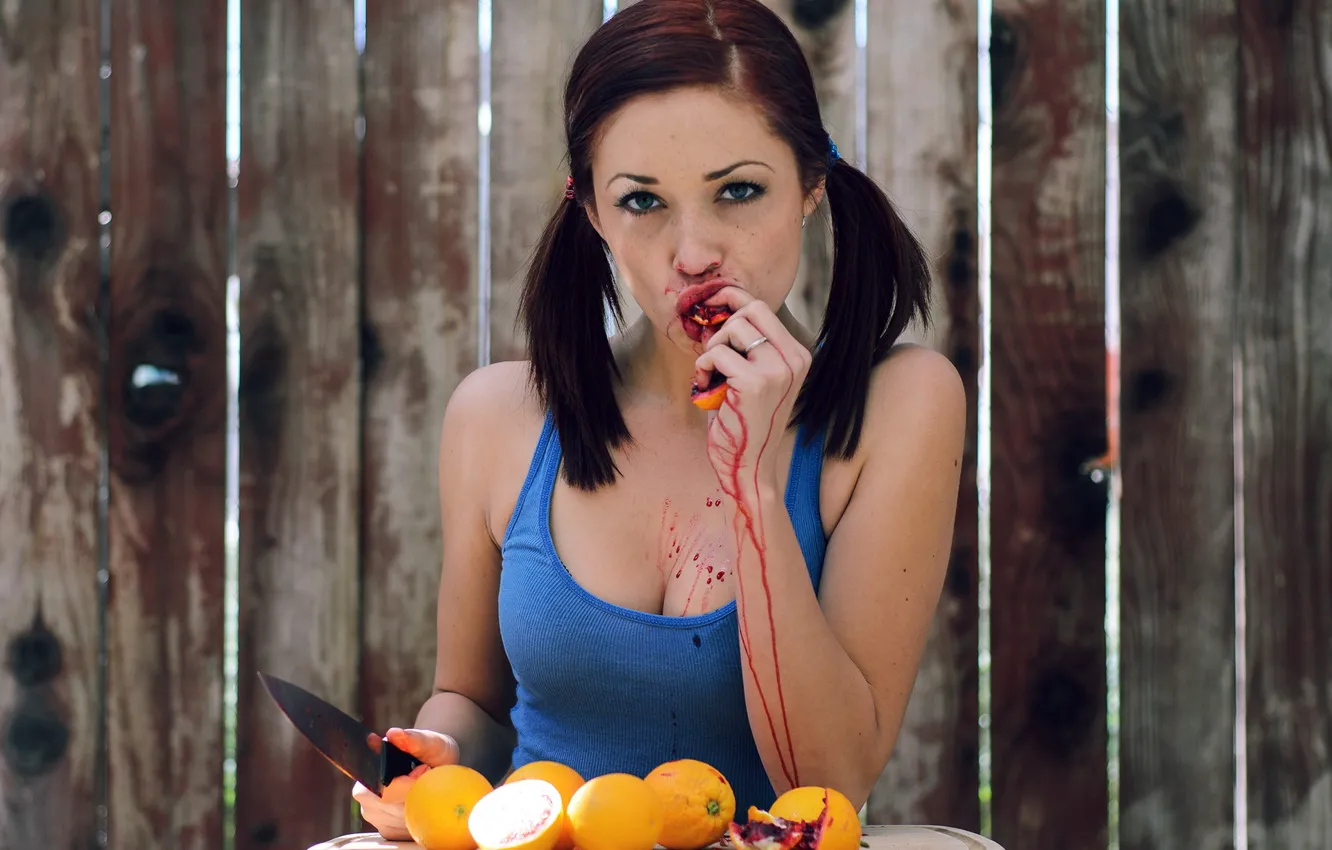 Photo wallpaper girl, fruit, knife