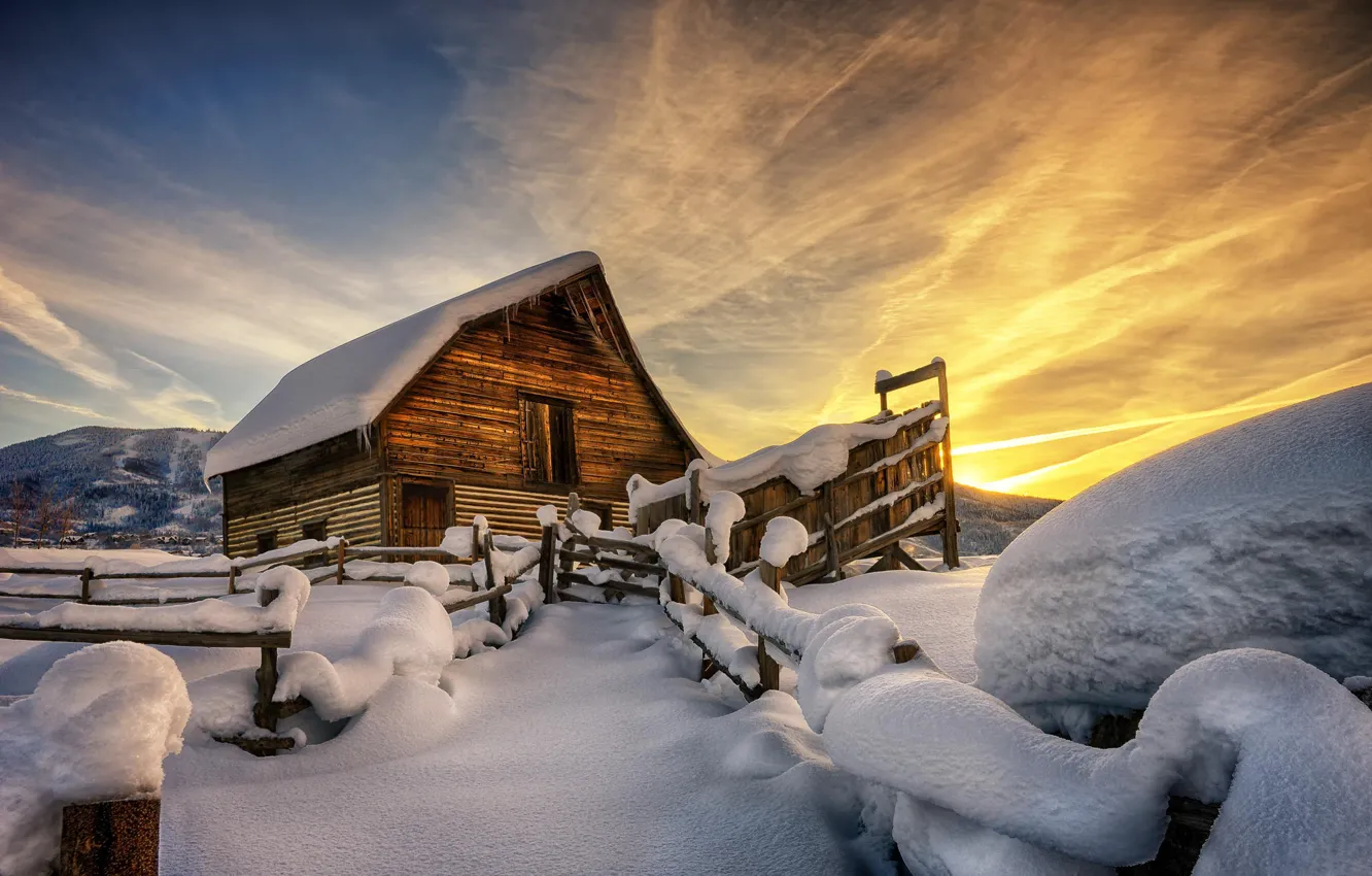Photo wallpaper winter, snow, sunset, house