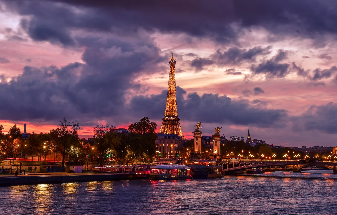 Photo wallpaper the sky, clouds, trees, bridge, lights, river, France, Paris