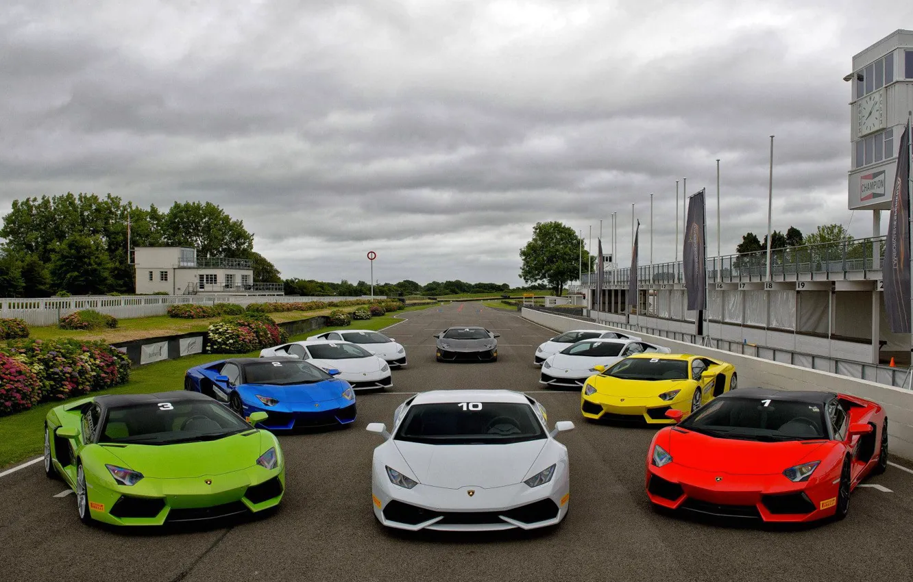 Photo wallpaper track, Lamborghini, white, red, green, blue, roadster, Aventador