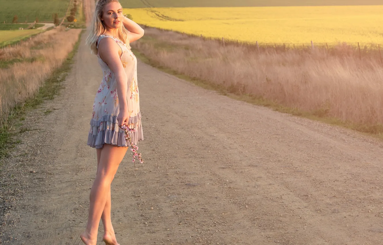 Photo wallpaper road, field, dress, legs