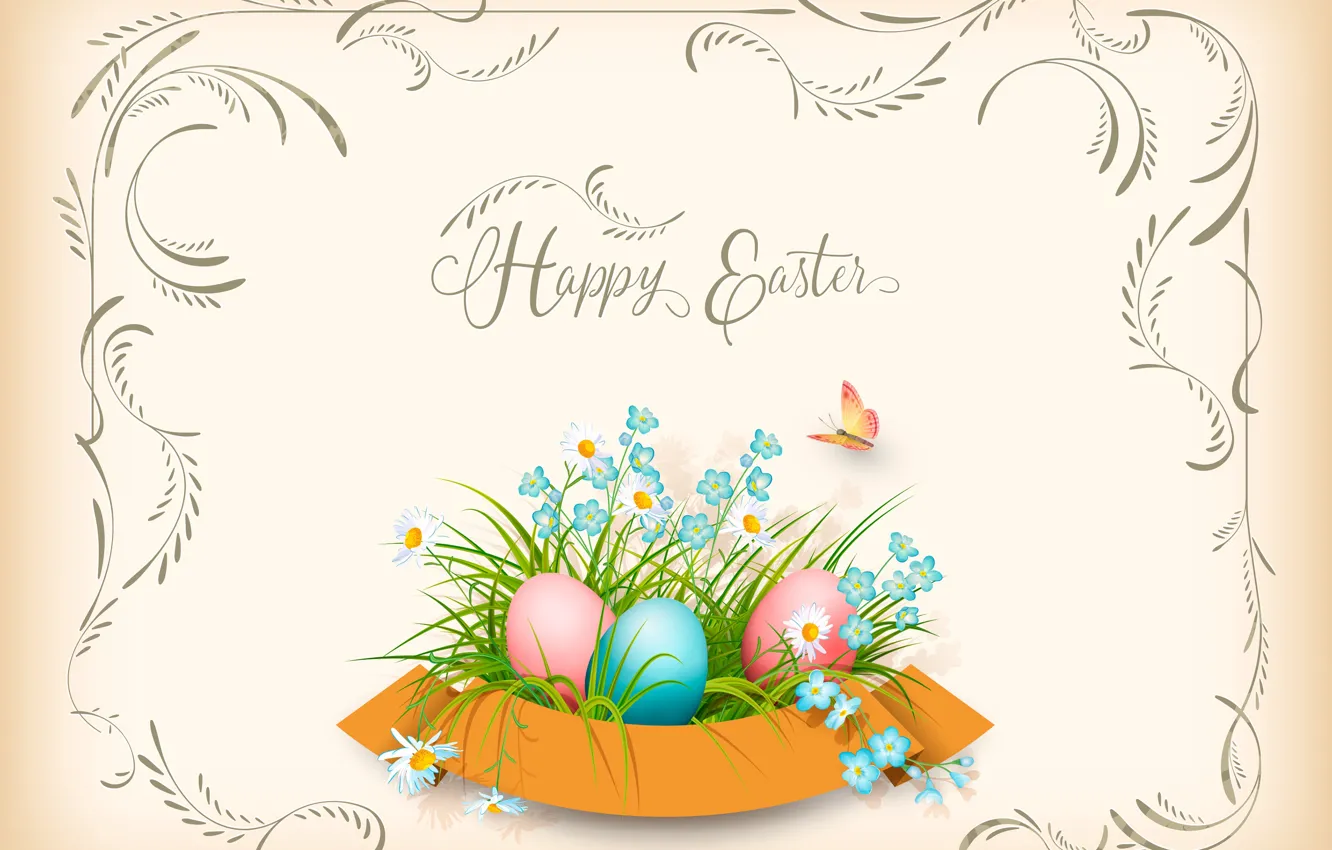 Photo wallpaper flowers, butterfly, Easter, postcard, eggs