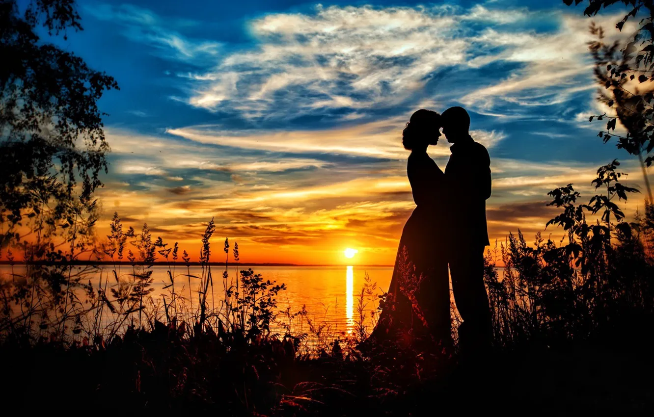 Photo wallpaper the sky, clouds, love, sunset, nature, lake