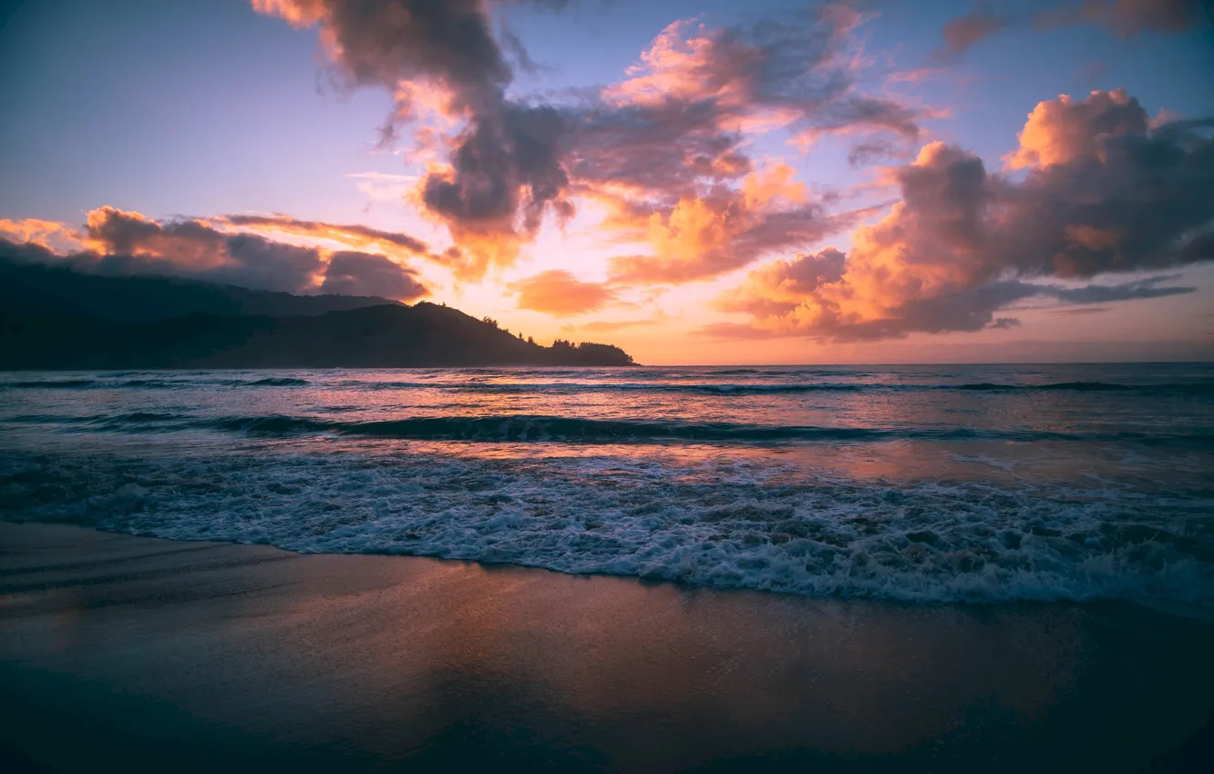 Photo wallpaper wave, mountains, beauty, the evening, space, sunset, mountains, sunset