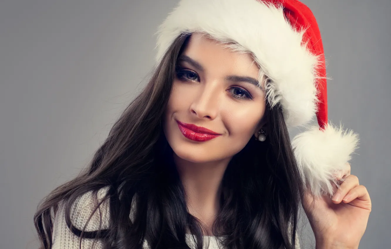 Photo wallpaper girl, smile, new year, brunette, grey background, cap