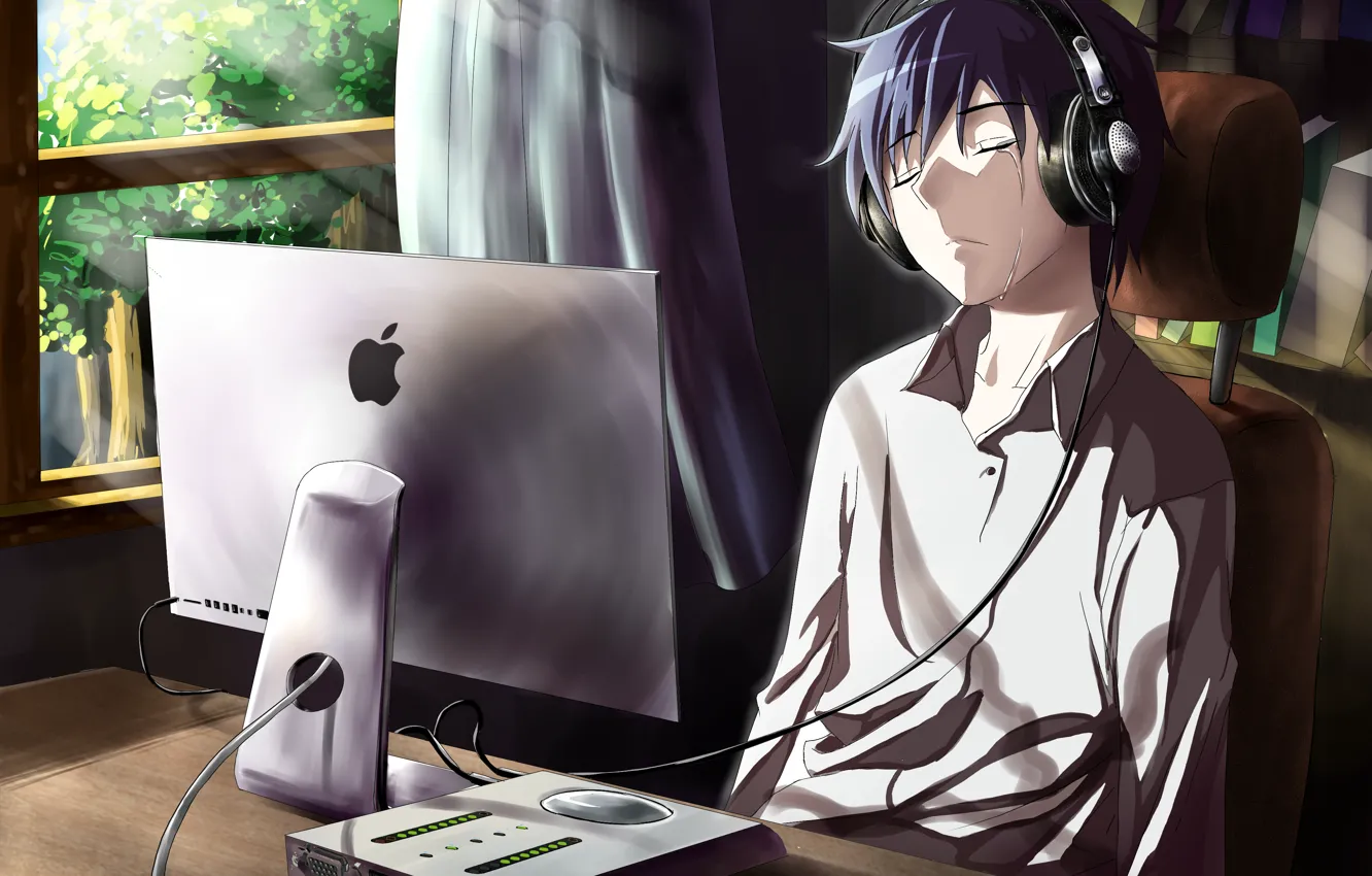 Photo wallpaper computer, headphones, tears, window, sleeping, guy, tagme (artist)