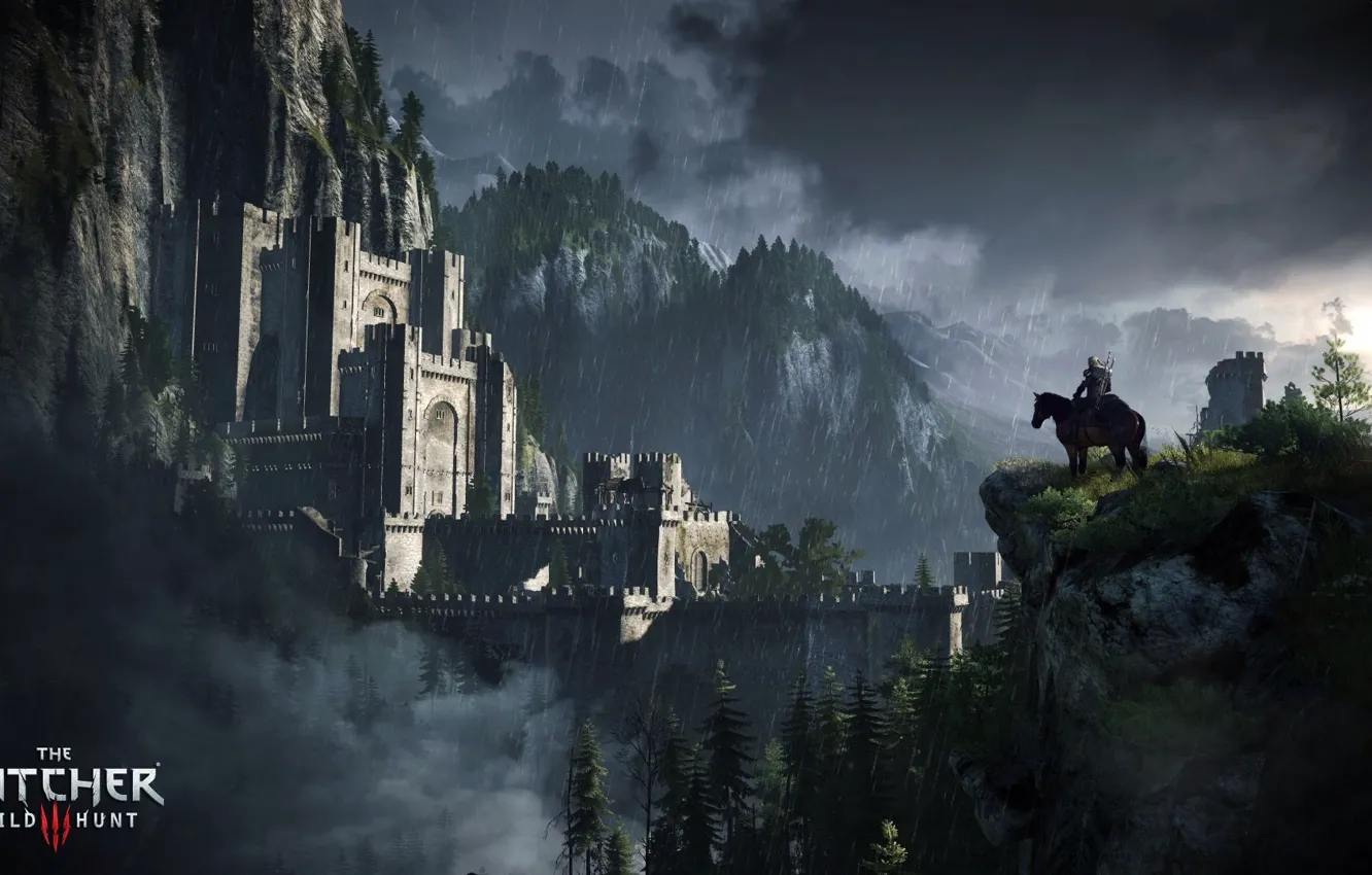 Photo wallpaper trees, rain, horse, fortress, the Witcher, Geralt, The Witcher 3: Wild Hunt, Kaer Morhen