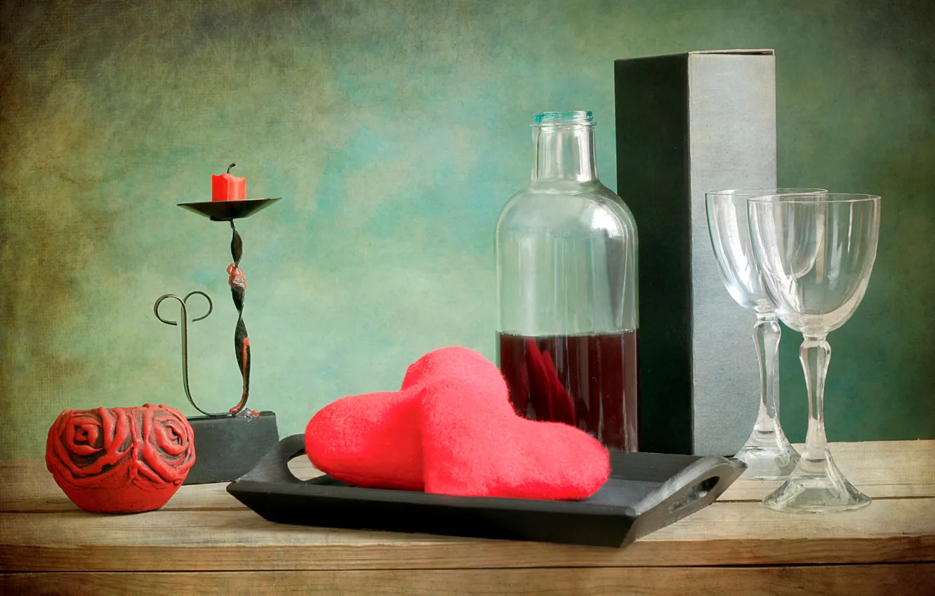 Photo wallpaper red, wine, heart, glass, candles, tray
