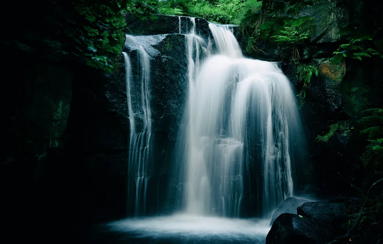 Photo wallpaper rocks, waterfall, twilight, fern
