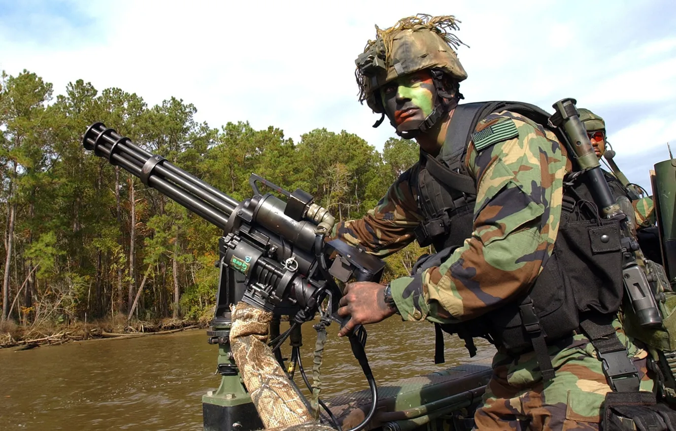 Photo wallpaper gun, USA, bullets, soldier, river, military, weapon, jungle