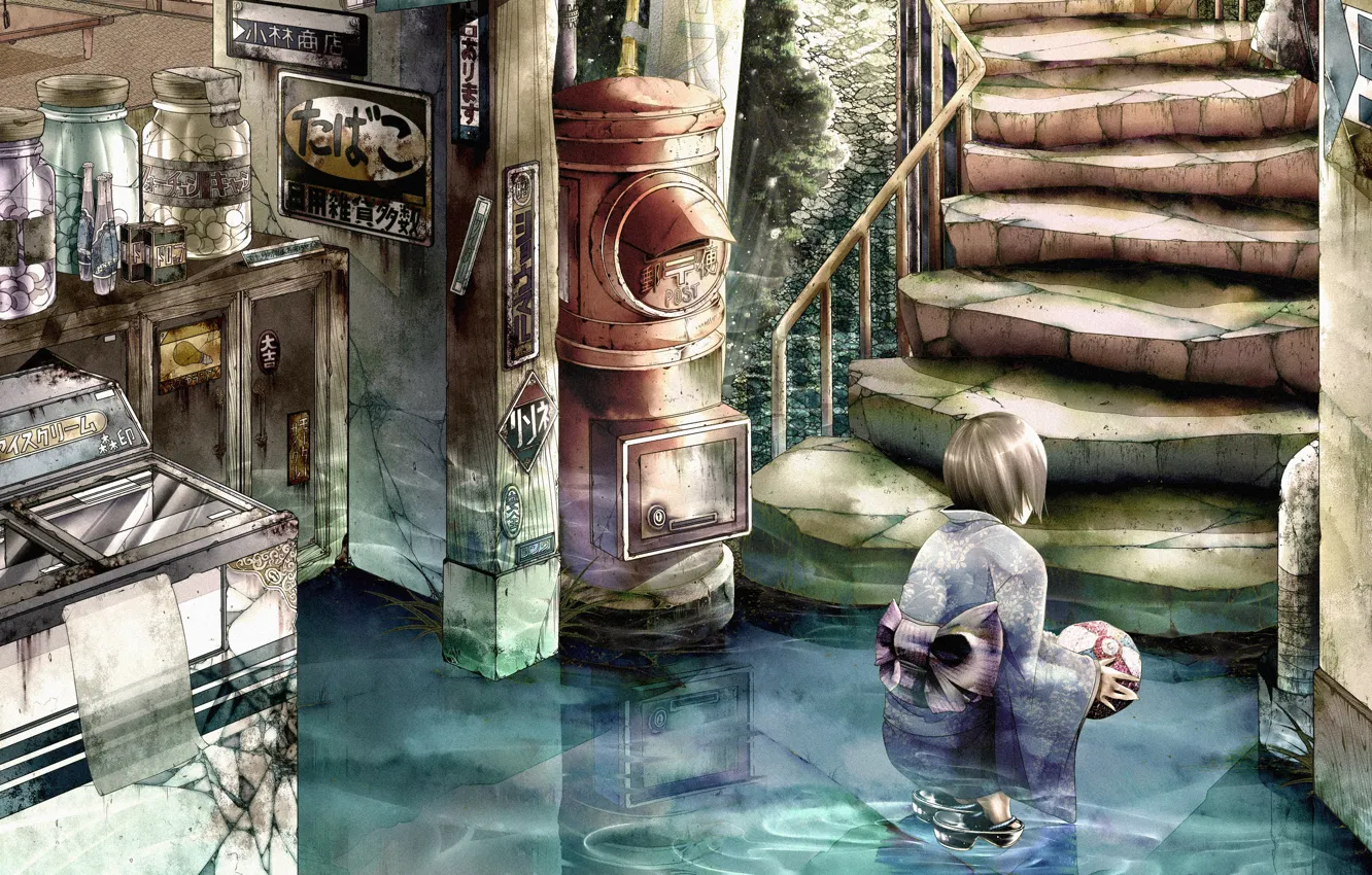 Photo wallpaper water, the ball, ladder, girl, kimono, bow, art, bouno satoshi