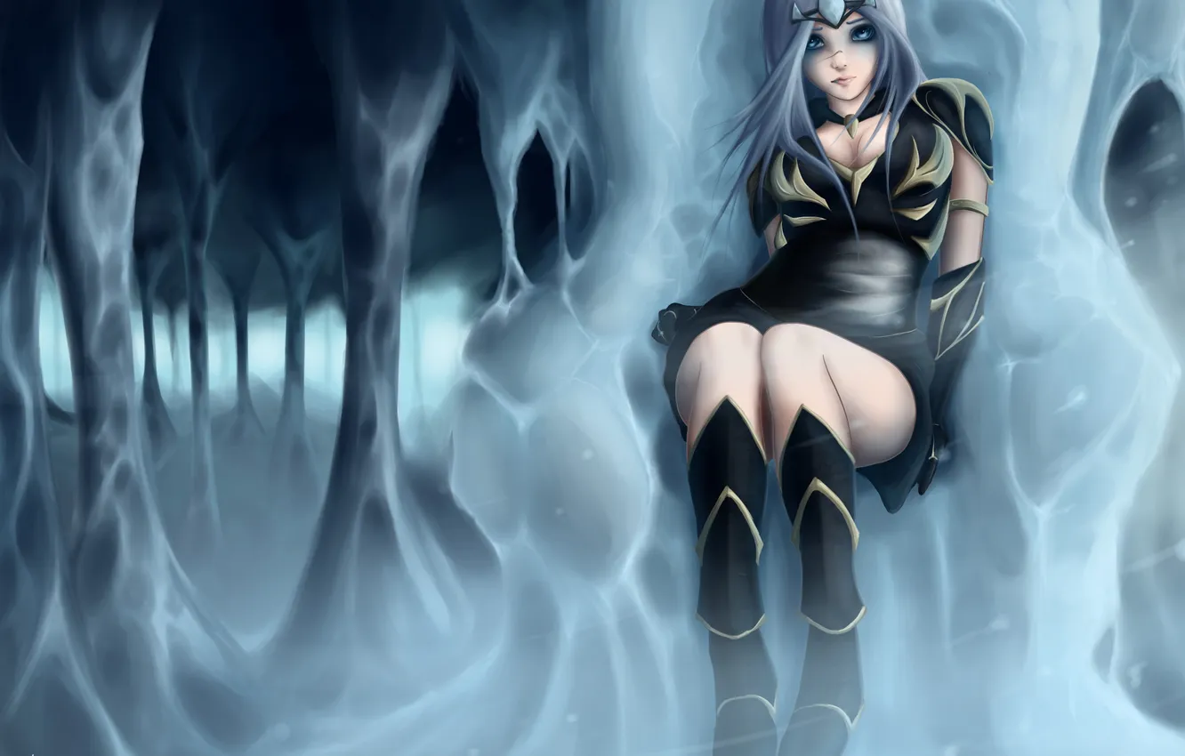 Photo wallpaper look, girl, sitting, art, League of Legends, Ashe, Zack Argunov, Ice cave