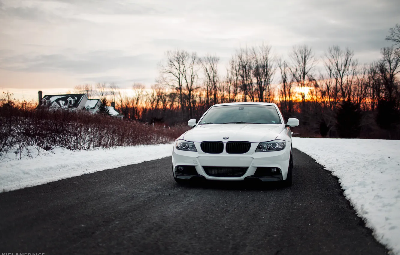 Photo wallpaper winter, white, snow, sunset, BMW, BMW, 3 Series