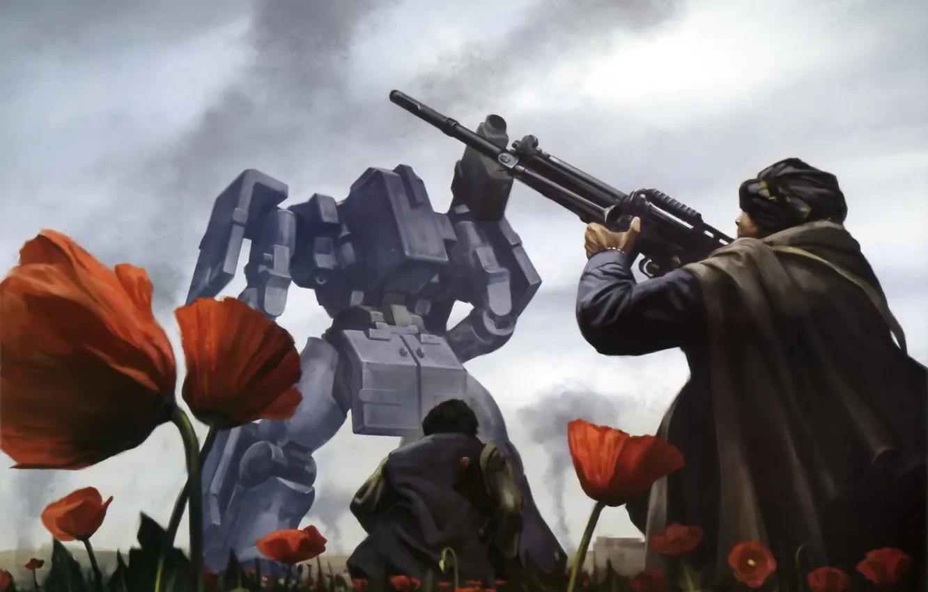 Photo wallpaper field, flowers, metal, weapons, people, Maki, robot, fur