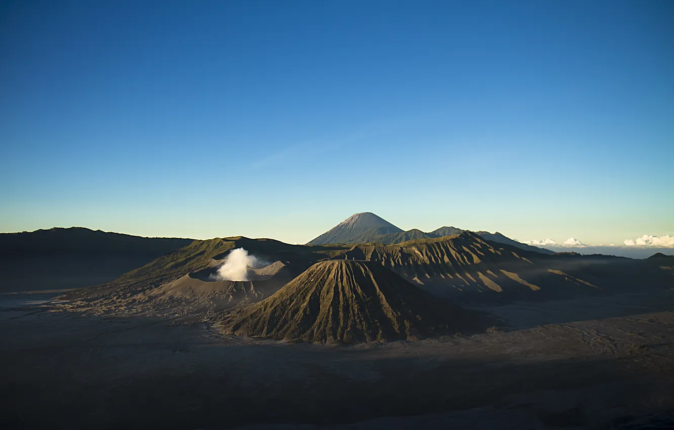 Photo wallpaper the sky, mountains, smoke, the volcano, horizon, Indonesia, Java, Bromo Tengger Semeru National Park