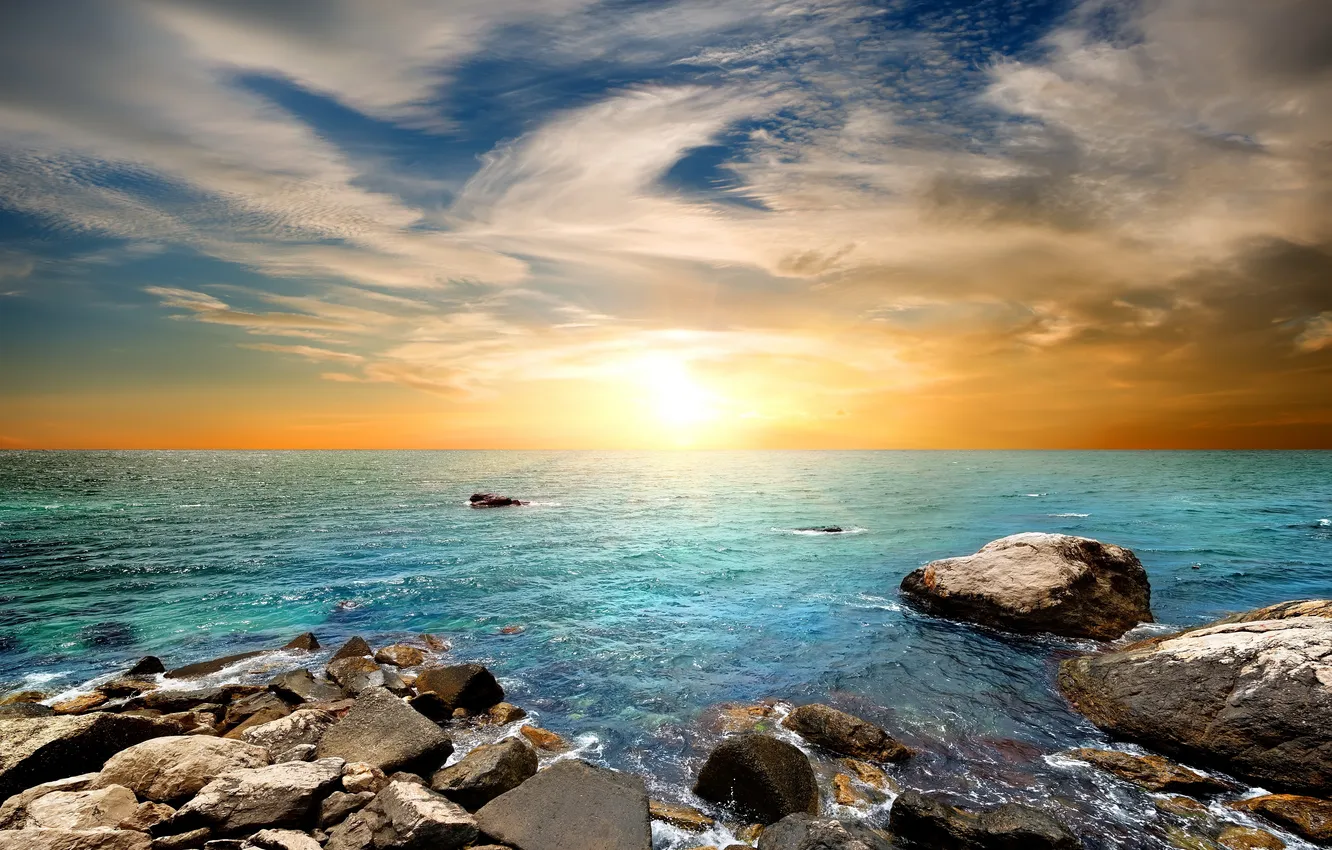 Photo wallpaper sea, sunset, beach, sky, sea, sunset, wave