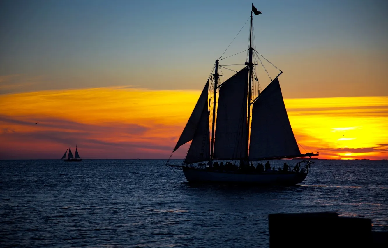Photo wallpaper sea, the sky, the sun, sunset, sailboat, the evening