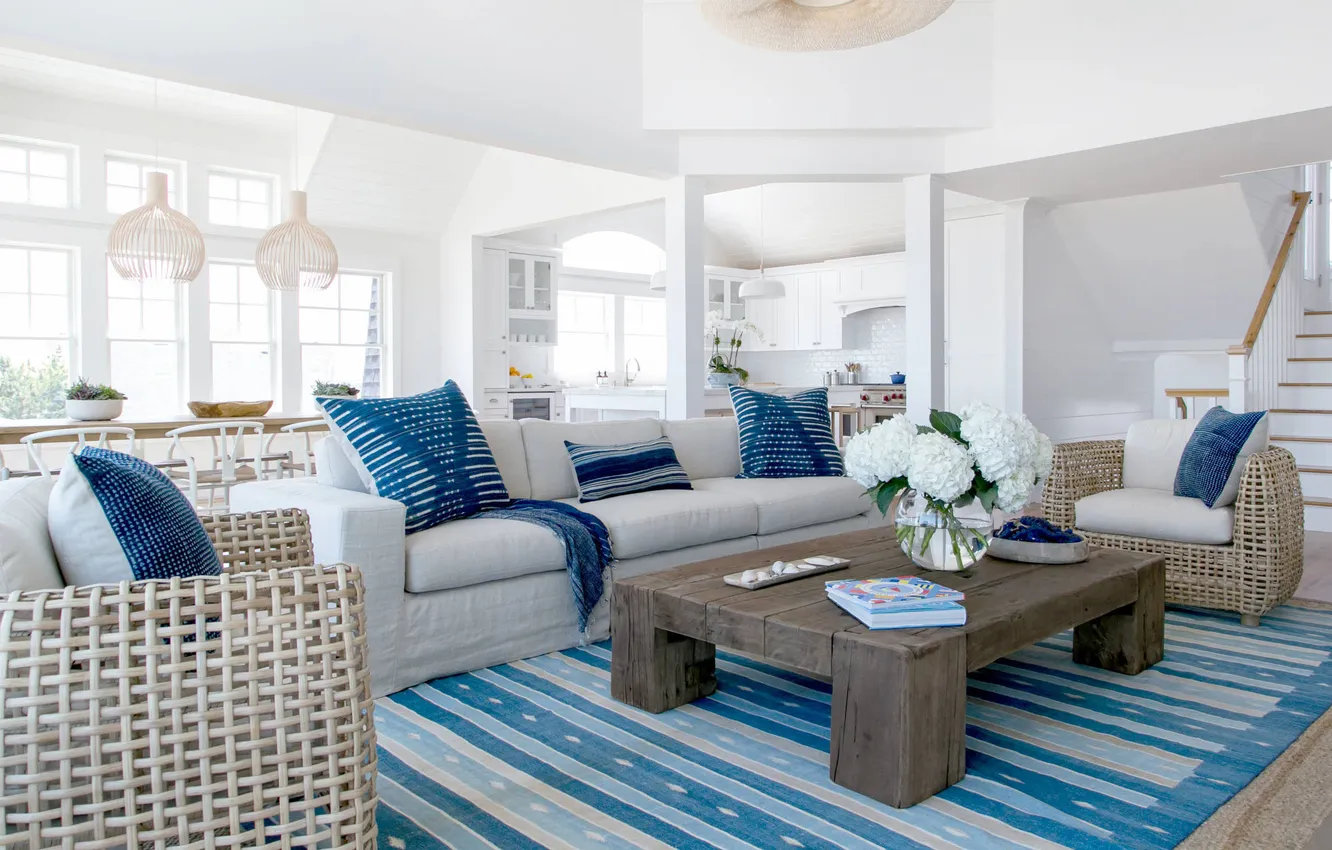 Photo wallpaper design, Villa, interior, kitchen, marine style, living room, dining room, by Chango and CO