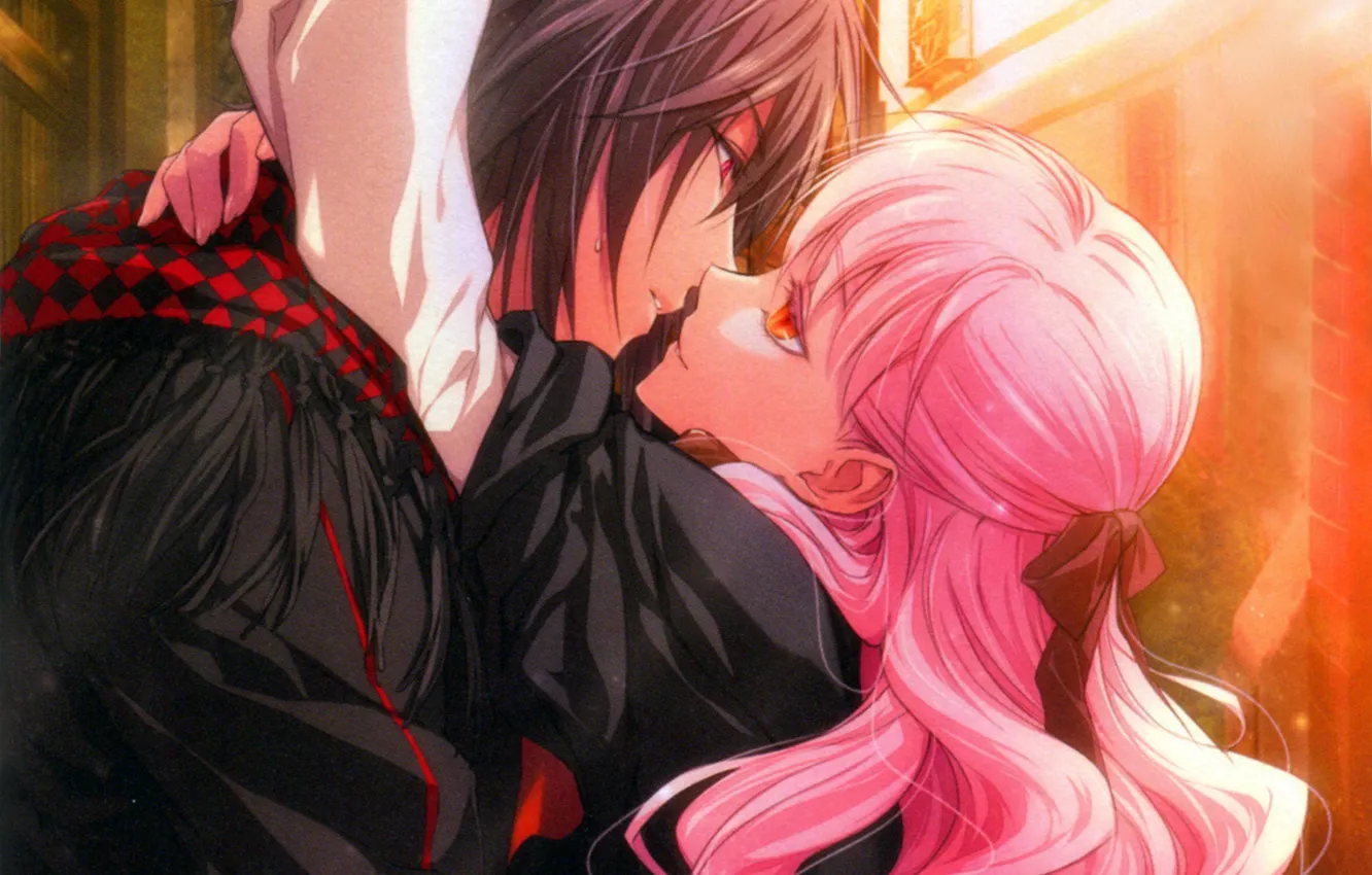 Photo wallpaper hugs, pink hair, black cloak, wand of fortune, lulu, visual novel, almost kiss, alvaro garay