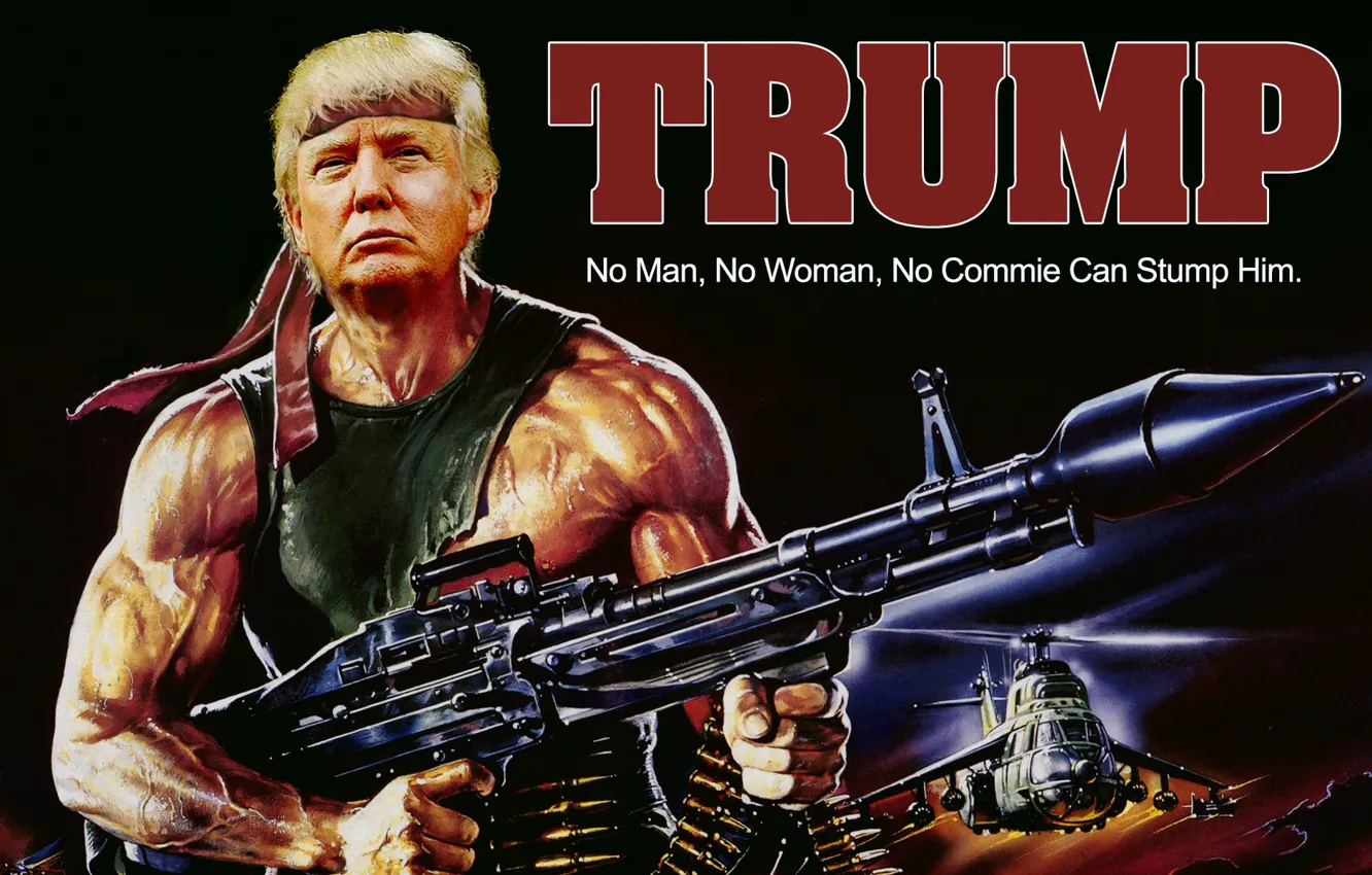 Photo wallpaper weapons, USA, helicopter, President, Rambo, Rambo, Donald John Trump, Donald Trump