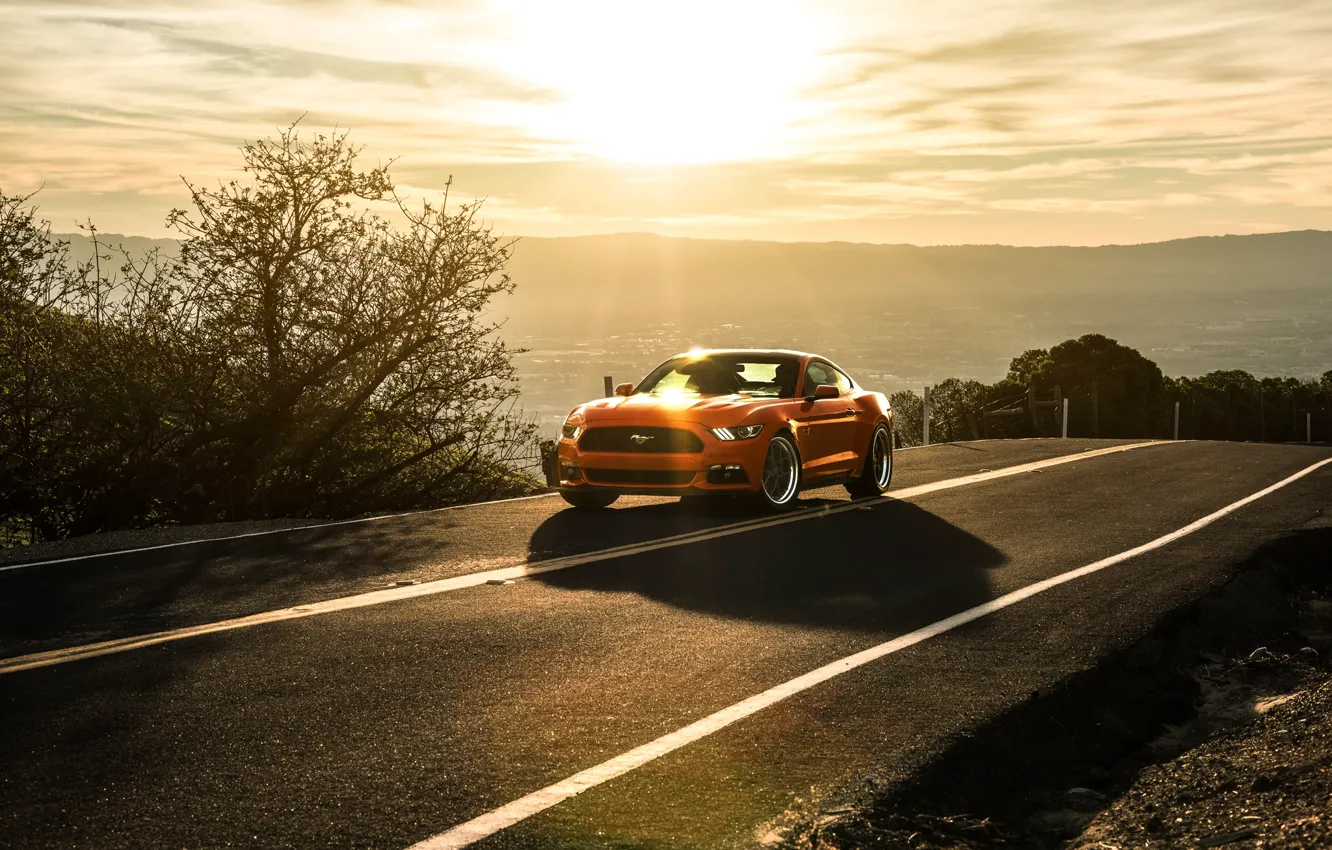Photo wallpaper Mustang, Ford, Orange, Landscape, Sun, Sunset, California, Mountains