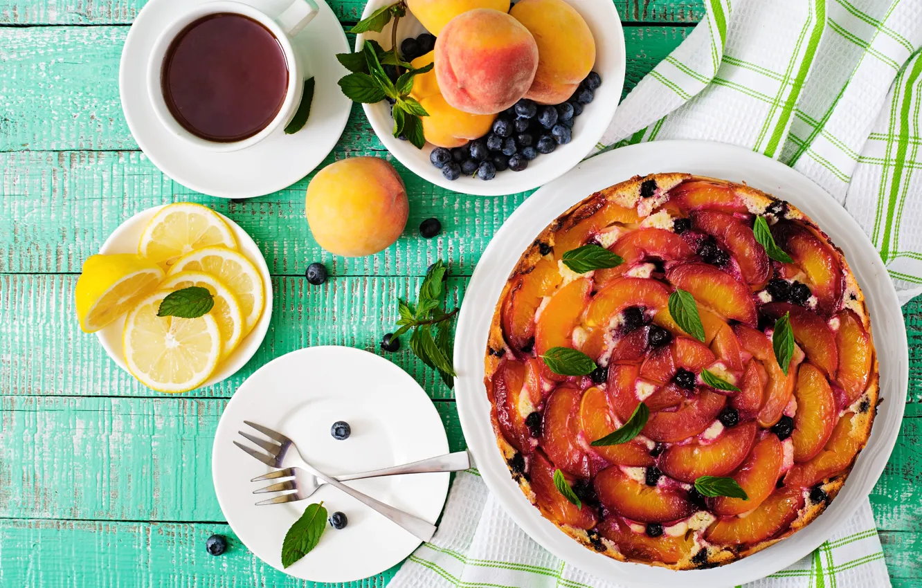 Photo wallpaper berries, lemon, tea, the sweetness, fruit, cakes, fruit pie