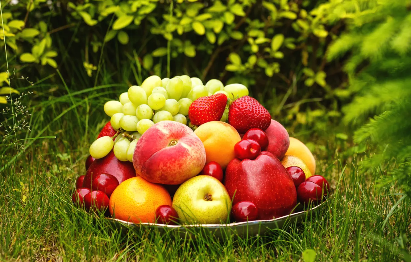 Photo wallpaper grass, apples, strawberry, grapes, fruit, peaches, cherry