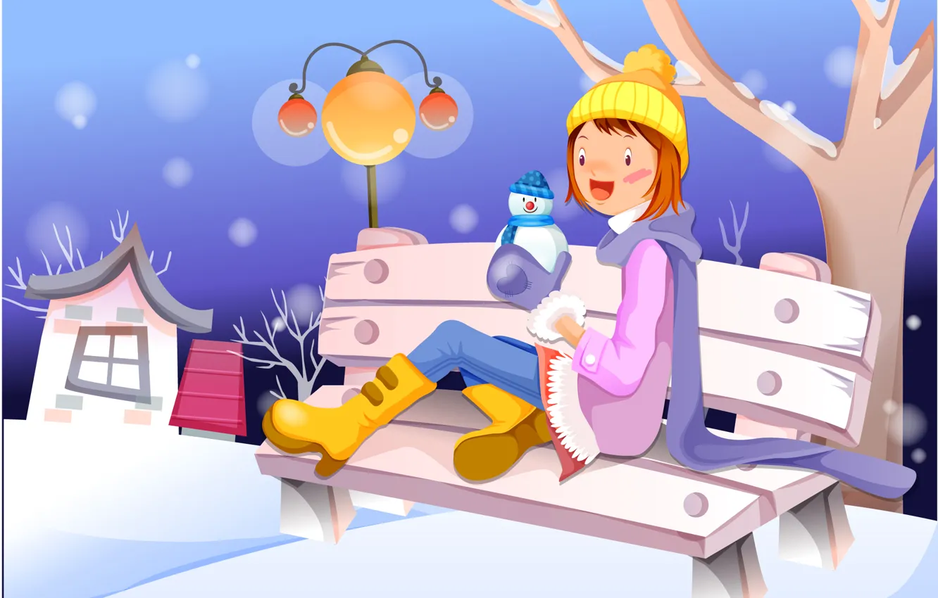Photo wallpaper winter, girl, bench, house, tree, graphics, lantern, snowman