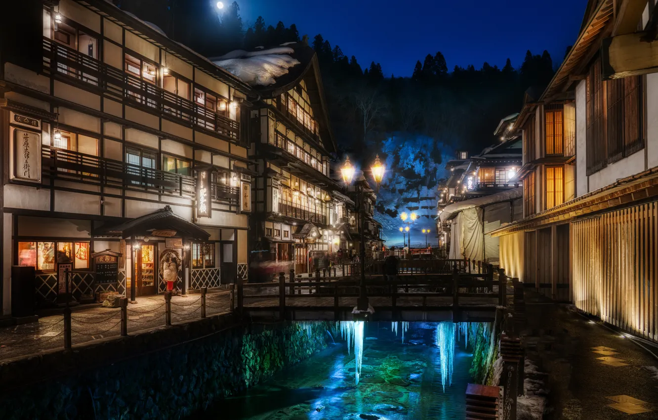 Photo wallpaper winter, snow, landscape, night, the moon, home, icicles, Japan