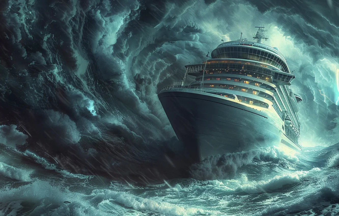 Photo wallpaper Sea, Lightning, Liner, Ship, Wave, Storm, Hurricane, Digital art