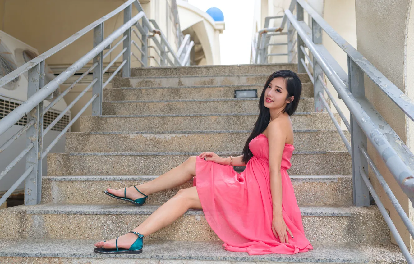 Photo wallpaper face, model, hair, dress, steps, legs