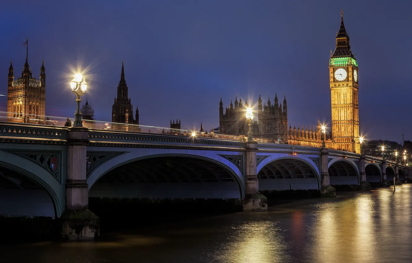 Photo wallpaper road, water, night, bridge, reflection, river, England, London