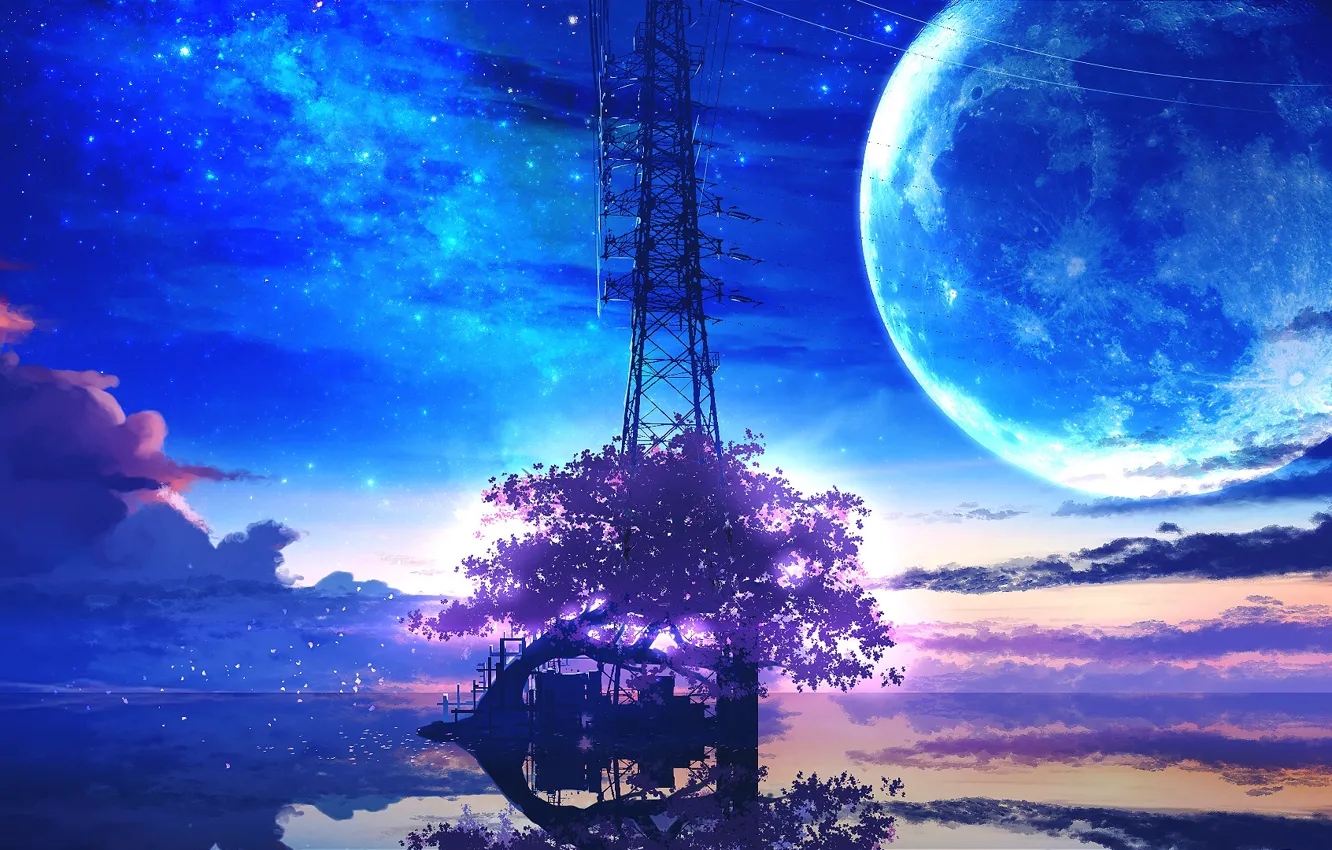 Photo wallpaper the sky, water, night, the moon, fantasy, flowering tree, structure