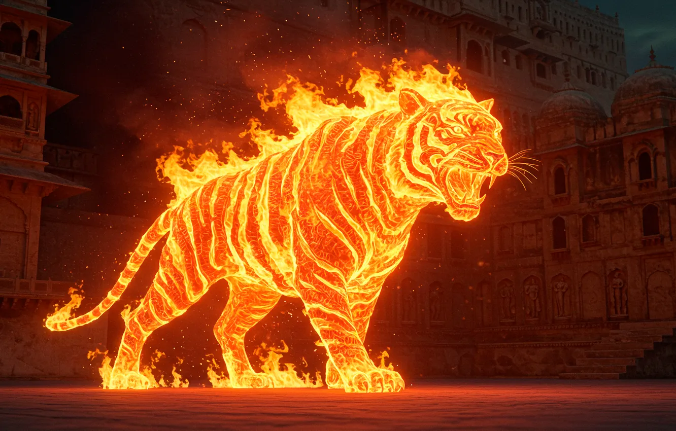 Photo wallpaper lights, tiger, castle, art, wallpaper, fire, tiger, art
