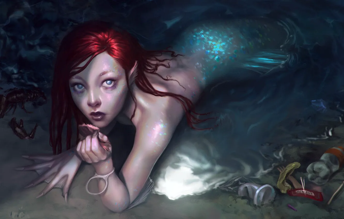 Photo wallpaper sadness, sand, garbage, mermaid, the bottom, red hair, in the water, Paulina Bochniak