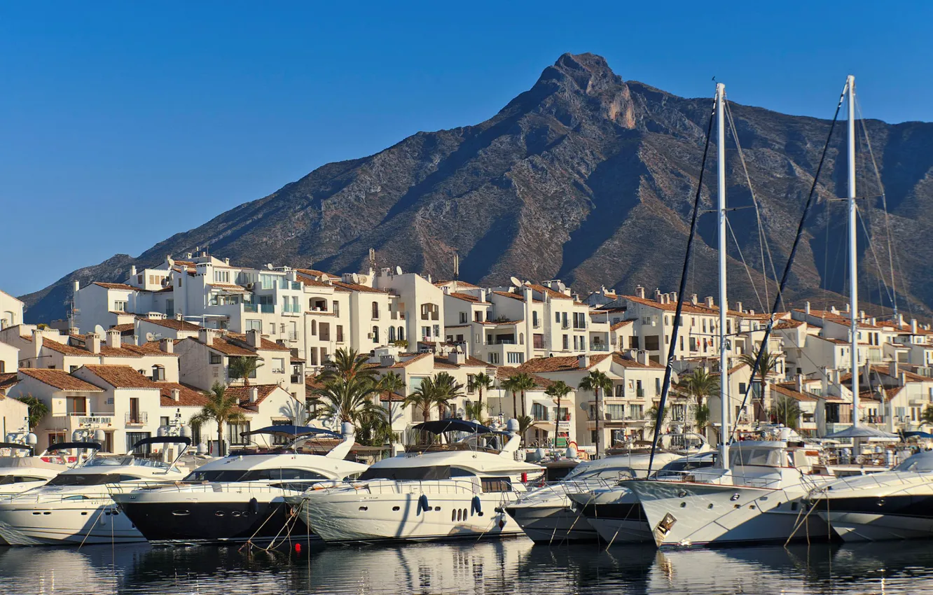 Photo wallpaper the city, yacht, port, Spain, Marbella, Andalusia, Puerto-Banus, Marbella in Malaga