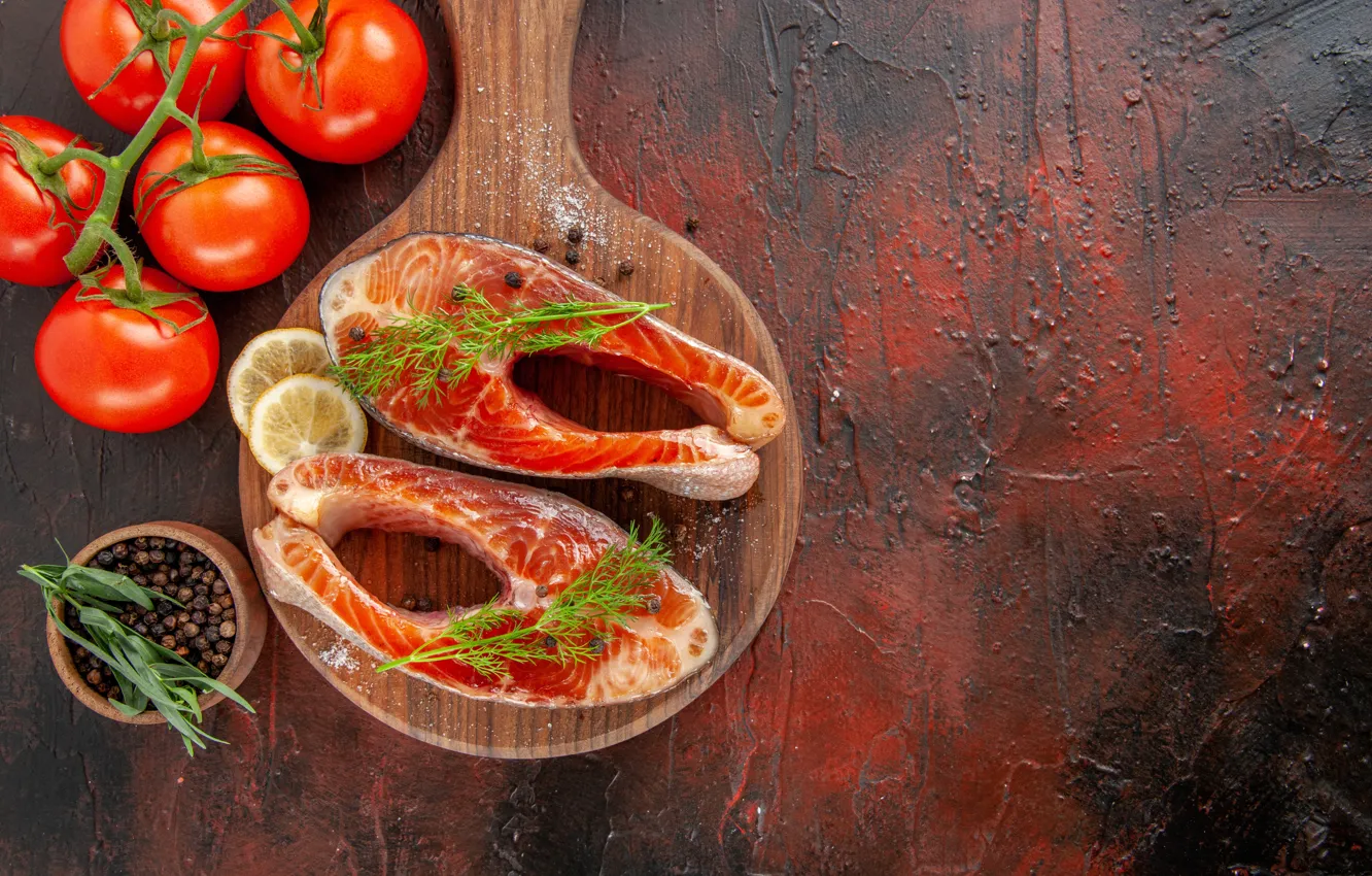 Photo wallpaper table, fish, tomatoes