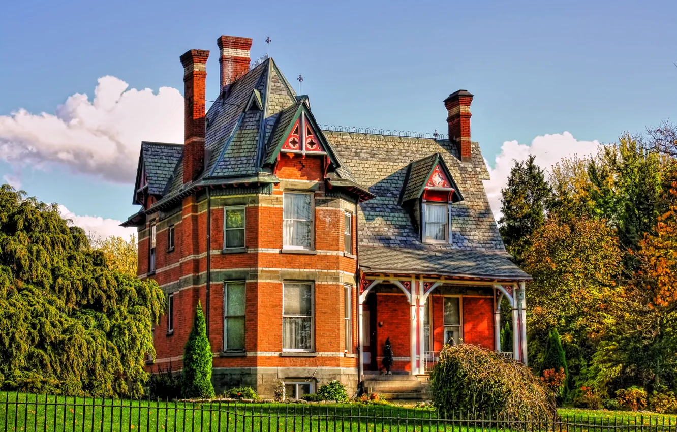 Photo wallpaper autumn, trees, lawn, the fence, home, USA, mansion, the bushes