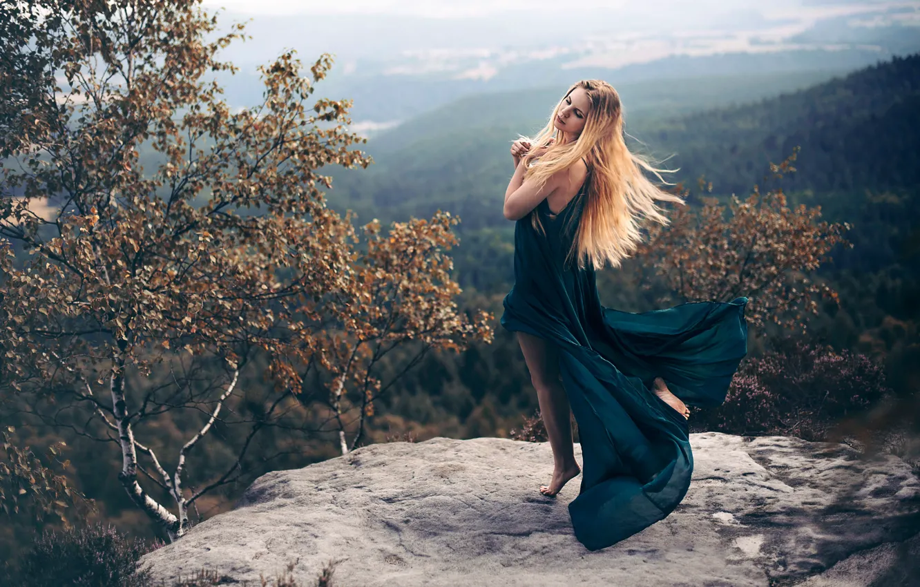 Photo wallpaper girl, stones, view, dress, Andrea Peipe