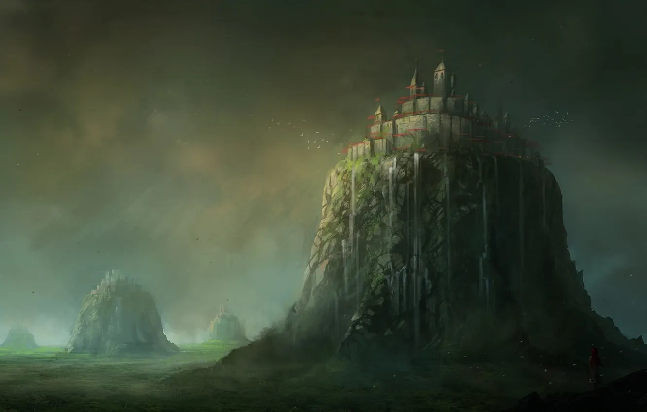 Photo wallpaper girl, mountains, the city, castle, rocks, bird, waterfall, art